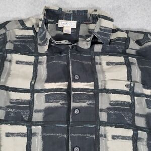 Murano 100% Silk Short‎ Sleeve Button Up Shirt Mens Large Black Gray